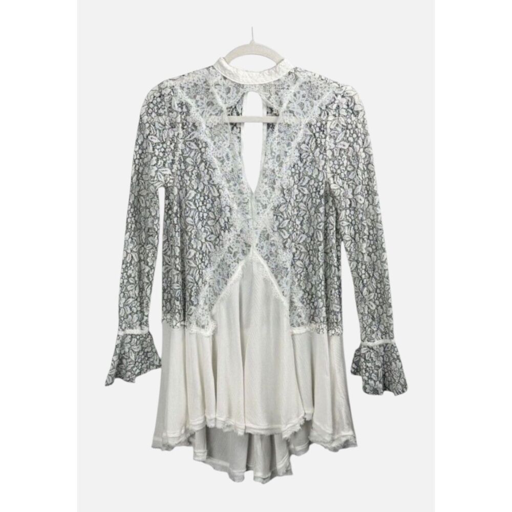 Free People Tell Tale Lace Tunic Mini Dress White Gray Boho Hi Low BNWOT Size XS